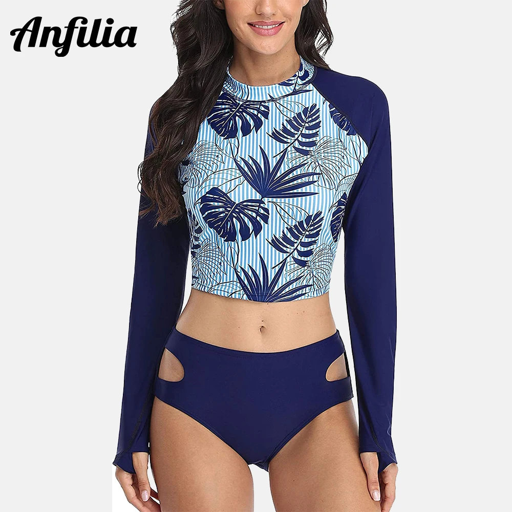 AnfiliaWomensRashGuardTwoPieceSwimsuitsFloralLongSleeveSwim