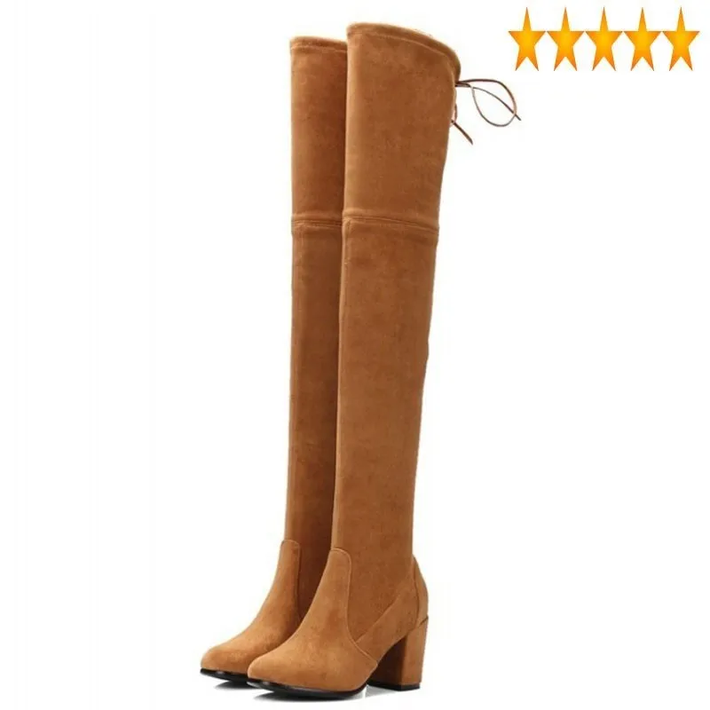 

The Winter New Retro Over Knee High Block Heel Real Sheepskin Suede Slim Fit Womens Shoes Sexy Soft Slip On Knight Boots