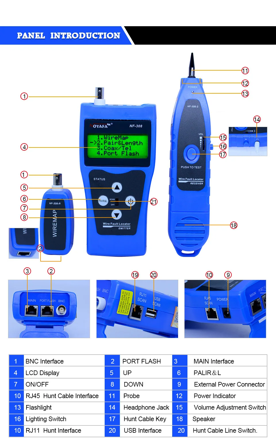 Verificador de Cabos de Rede Localizador de Falhas de Fio Testador de Cabo Azul Nfc _ 308 Usb co Rj11 Cor 12 Ferramentas de rede
