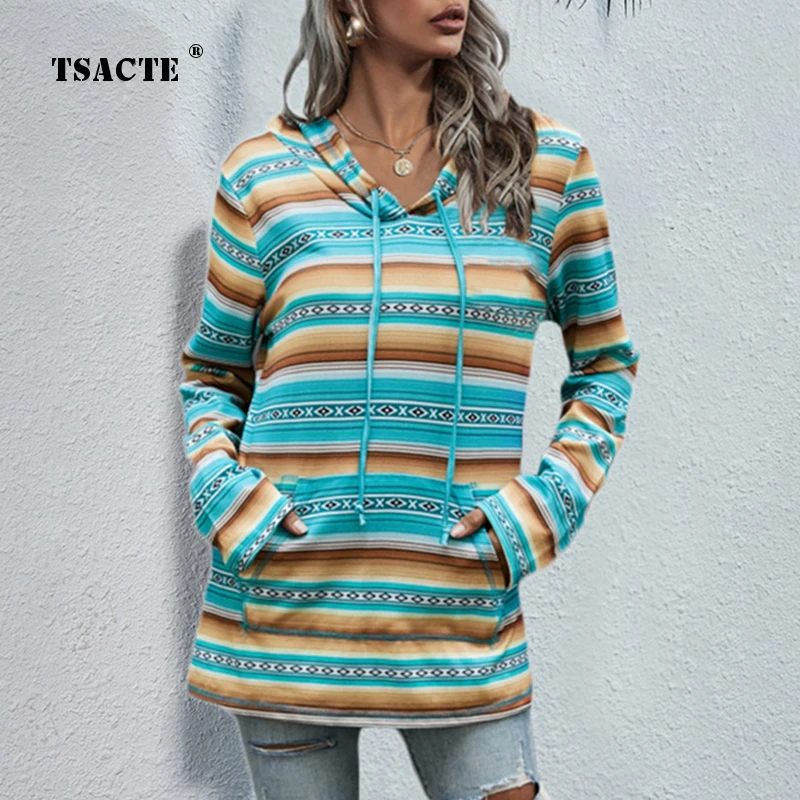 

Spring Autumn New Pocket Tops Fashion Thin Sweater Women's Loose Hoodies Long Sleeve Striped Casual Sweatshirt Commuter Clothing