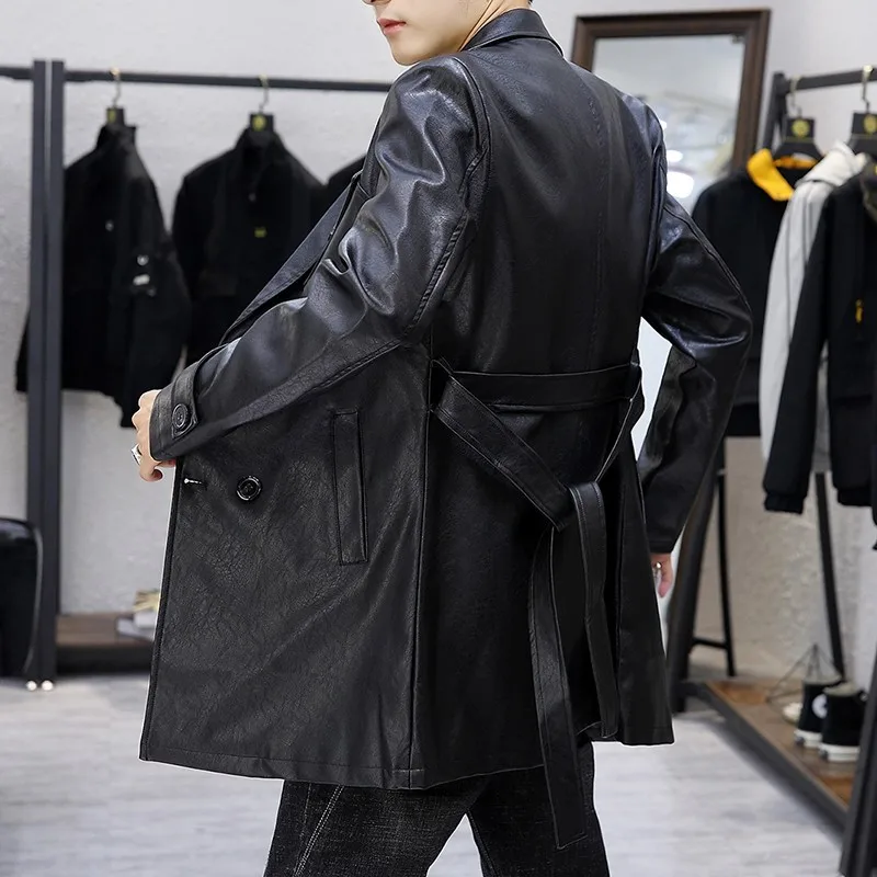 

Autumn Winter Moto Biker Mens Medium Length Trench Coats PU Leather Double Breasted Adjustable Waist Plus Size Male Slim Coats