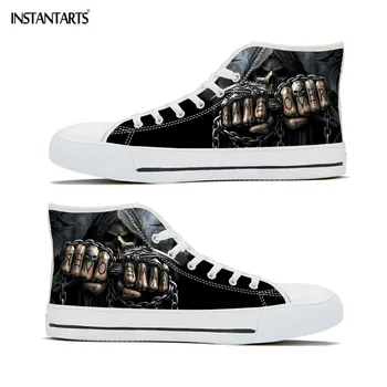 

INSTANTARTS Funk Skull Printing Women Men Flats Shoes Cool Design Walking High Top Canvas Shoe Unisex Brand Light Weight Sneaker