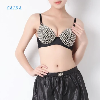 

CAIDA Sexy Bras Women Party New All-over Spike Rivet Metallic Punk Dance push up Bra Nightclub Brutal