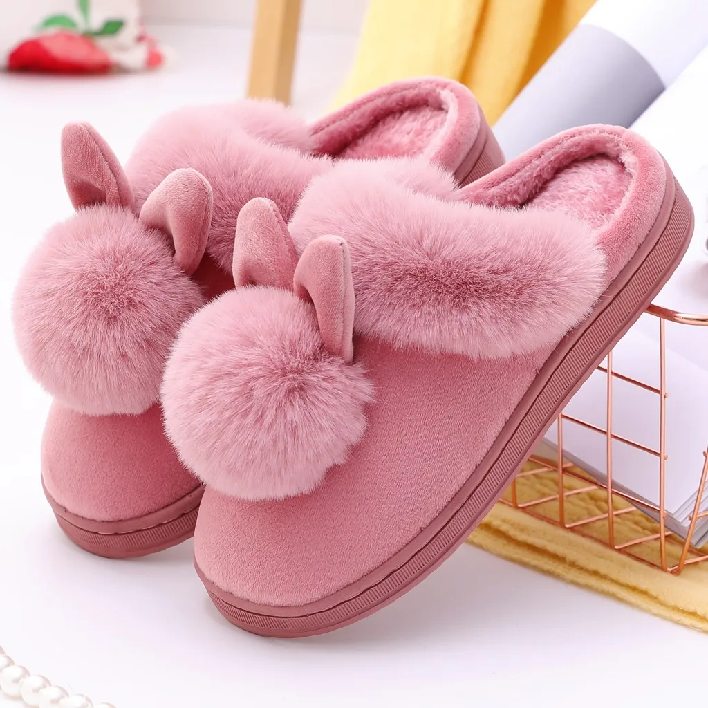 Женские домашние тапочки из хлопка; женская зимняя Нескользящая домашняя обувь с рисунком кролика для студенток; теплые тапочки
