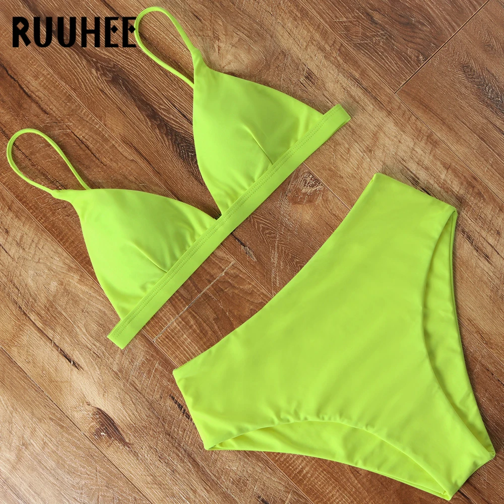 push up bikini set RUUHEE 2021 Bikini Swimwear Swimsuit Women Solid Bathing Suit Green Neno Bikini Set With Pad Female High Waist Beachwear Biquini bathing suits