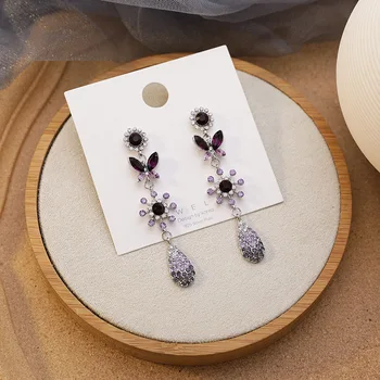 

2020 New Korean Vintage Popular Butterfly Purple Gradient Crystal Flower Drop Earrings For Women Water Drop Pendant Jewelry
