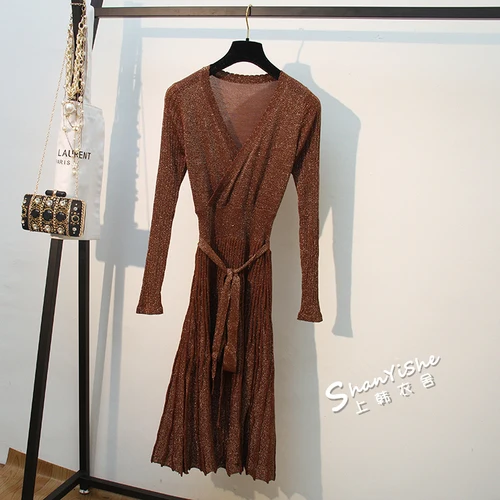 Gaganight элегантное женское облегающее платье с люрексом, длинные рукава, v-образный вырез, пояс, миди платья, Осень-зима, вязанное, Vestidos, корейское, эластичное - Цвет: Khaki