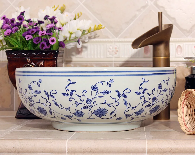 

Blue and white China Procelain wash basin sink Lavabo ceramic art sinks Countertop ceramic wash basin bathroom sinks