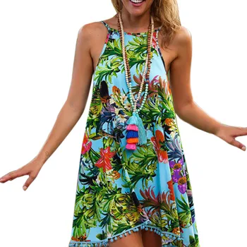 

Summer Floral Printed Boho Dress Women Sexy Sleeveless Halter Beach Dresses For Ladies 2020 New Evening Party Mini Dress S-2XL