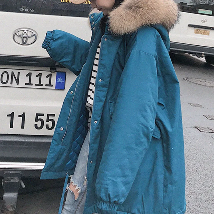 

Raccoon Genuine Fur Collar Cotton-padded Clothes Women's 18 Winter Korean-style Mid-length Thick Cotton-padded Jacket Students L