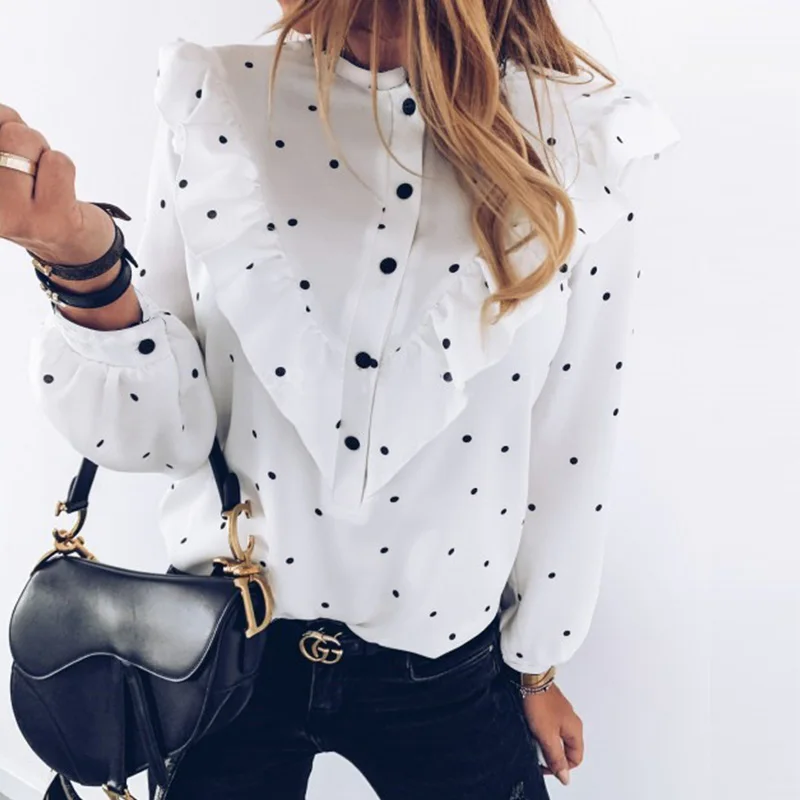  Lady Autumn Long Sleeve Polka Dot Ruffle Blouse Shirt Elegant Casual O Neck Buttons Pullover Women 