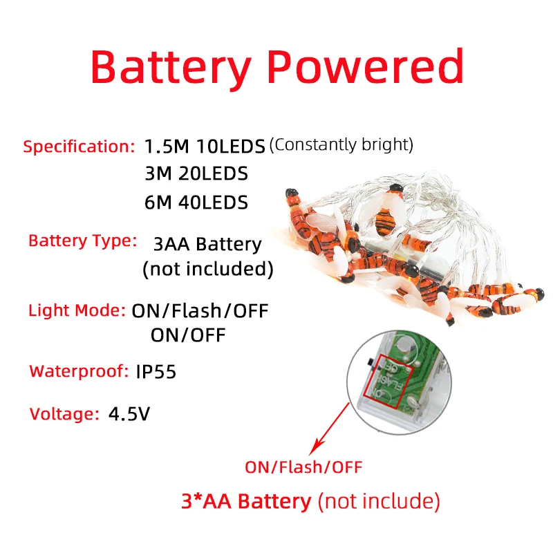 Пчелы формы светодиодный гирлянды 10/20/40 светодиодная батарея работает Рождество для отдыха и вечеринок вечерние свадебные светильники для сада-Фея Декоративный светильник