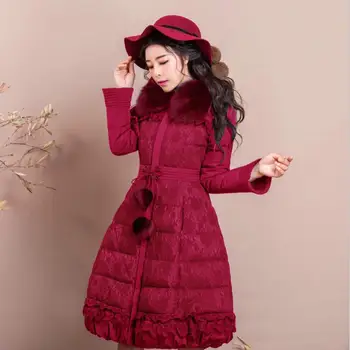

2019 Autumn Winter Women's Fur Collar Long Parkas Lace Cotton-padded Jacket Female Slim Thicken Coat Outwear plus size 3xl r1739