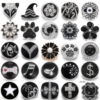 

6pcs/lot Wholesale Snap Button Jewelry Black Rhinestone Flower Snap Buttons Fit DIY Leather 18mm Snap Bracelets Necklaces