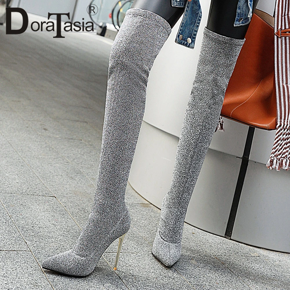 

DORATASIA Ins Female Thigh High Boots 2020 Thin Heels Winter Party Boots Women Flock Pointed Toe Sexy Shoes Woman