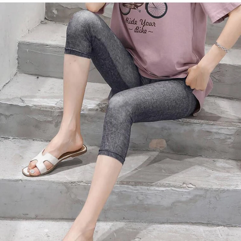 Babbytoro Leggings Women 2021 Summer Thin Elastic Outside Wearing Ice Silk 3/4 Capris Ankle Length Legin Black Grey Blue | Женская