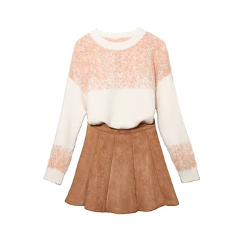 

Fall Winter Sweet Suit Skirts Gradient Bump Color Sweater Pullover Top Pleated Skirt Outfit Women 2 Pcs Clothing Set Knitwear