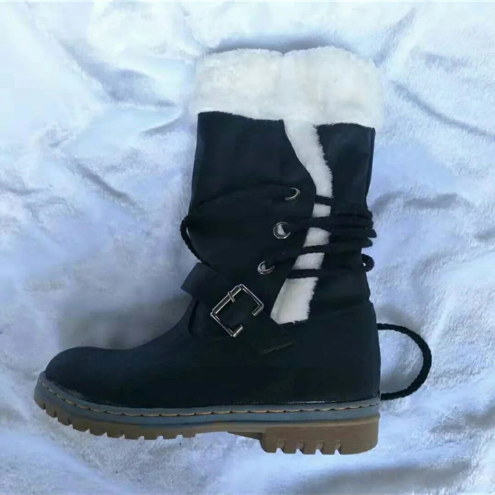 Женские зимние ботинки большой размер 43-46, модные зимние сапоги из PU искусственной кожи на шнуровке с пряжкой женские резиновые сапоги до середины икры для женщин