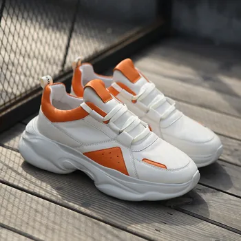 

Genuine Leather Chunky Platform Lace Up Sneakers Men Summer Jogging Breathable Shoes Height Increasing Street Style Trainers