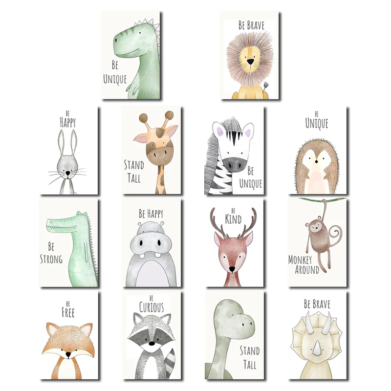 

Nursery Animal Posters And Prints Cartoon Rabbit Fox Hedgehog Poster Wall Art Be Kind/Brave Canvas Paintings In The Kids Room