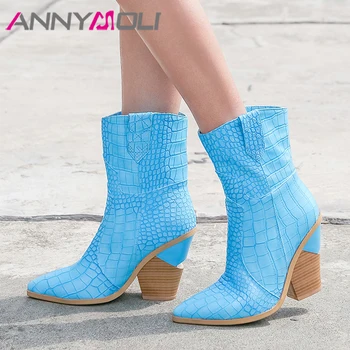 

ANNYMOLI Brand Women Boots Winter Western Boots Strange Style High Heels Mid-calf Boots Pointed Toe Shoes Ladies Fall Size 3-12