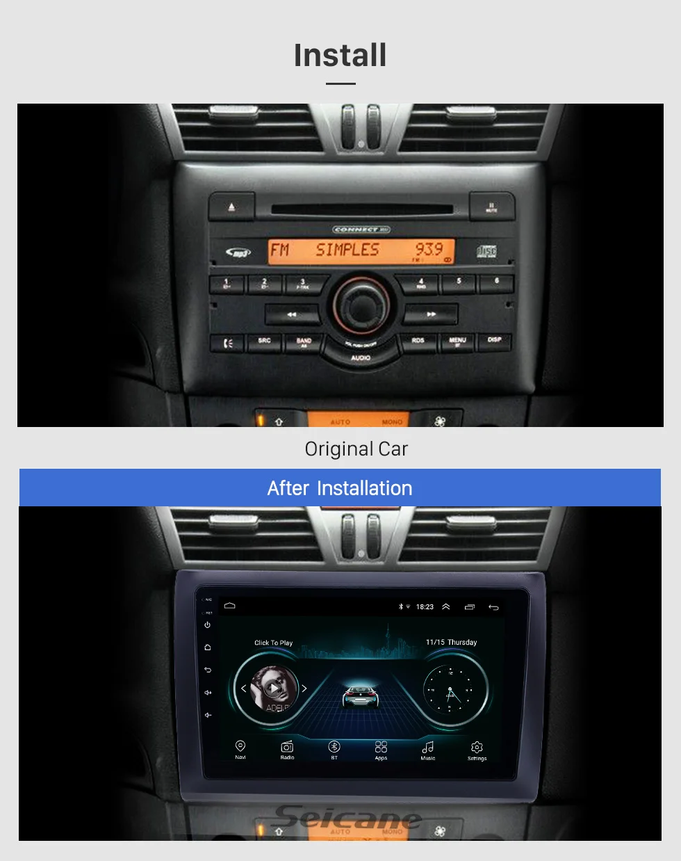 Seicane Android 8,1 9 дюймов, автомобильный, мультимедийный плеер для 2010 Fiat Stilo gps HD сенсорный экран автомобильный Радио Поддержка OBD2 SWC Carplay DVR