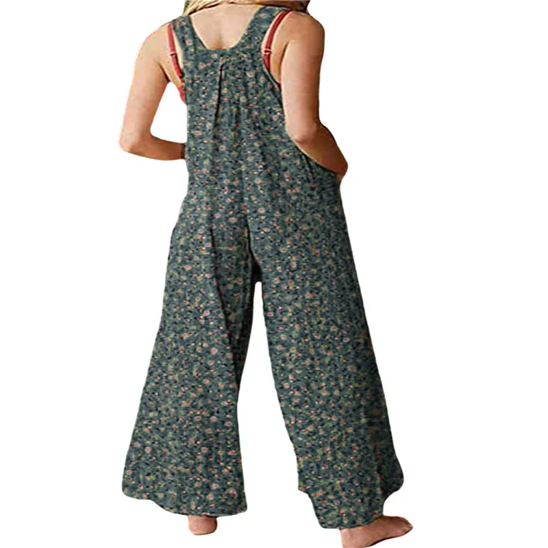 Summer Women Floral Jumpsuit Sleeveless Overalls Boho Casual Loose Playsuit Long Pants Romper Wide Leg Dungarees Retro Trousers