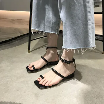 

Clear Heels Med Square Toe Comfort Shoes For Women Buckle Strap Flip Flops Platform Female Sandal Lacquered Sandals 2020