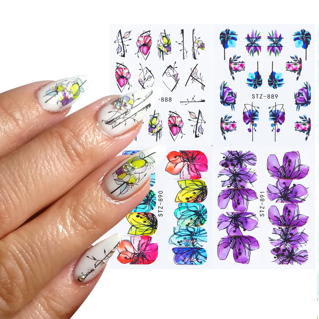 Leaf Vine Stickers For Nails Fashion Purple Flowers Water Sliders Butterfly Geometry Nail Art Decals Set LASTZ888-STZ891