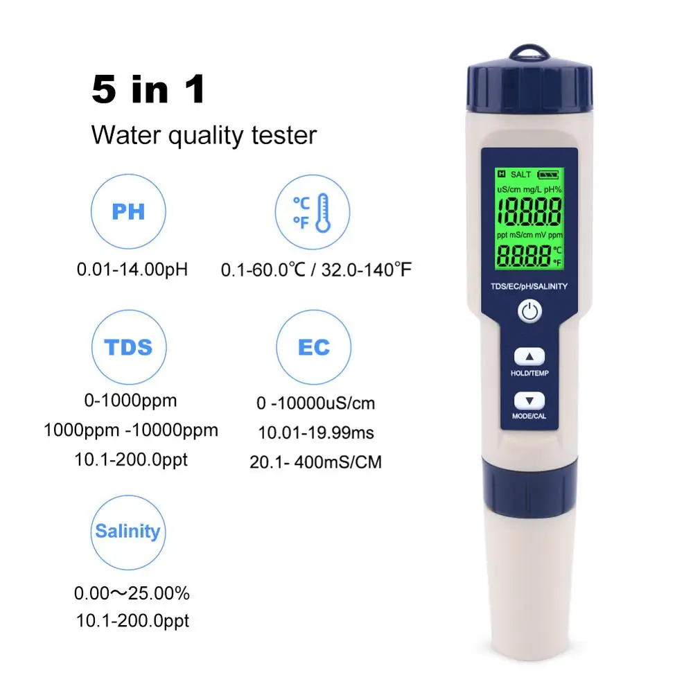 Профессиональный цифровой тестер воды Yieryi 5 в 1 PH/TDS/EC/солености/температуры