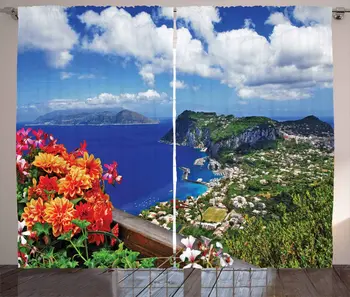 

Island Curtains Scenic Capri Island Italy Mountain Houses Flowers View from Balcony Landmark Living Room Bedroom Window Curtain