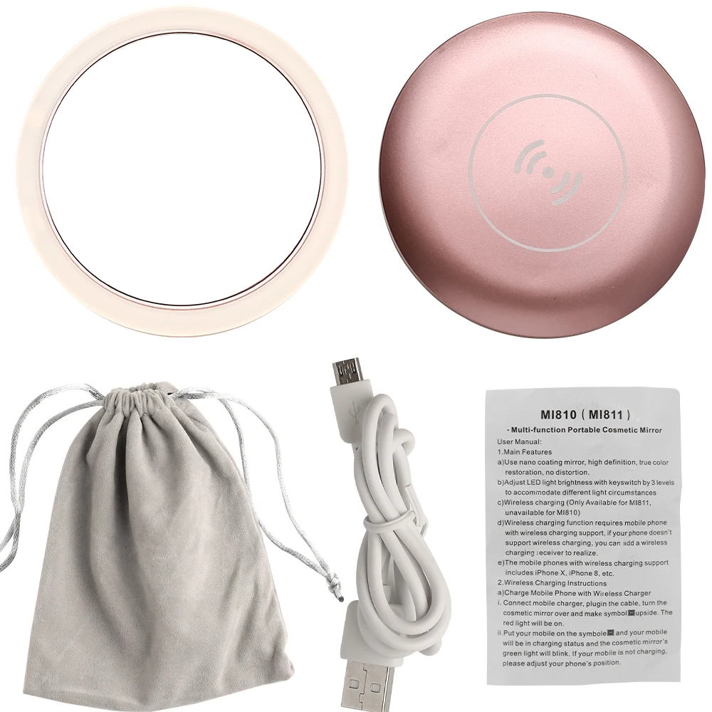 Baratos Espejo portátil LED inalámbrico USB de carga espejo de maquillaje Circular multifuncional compacto viaje sensor iluminación espejo cosmético