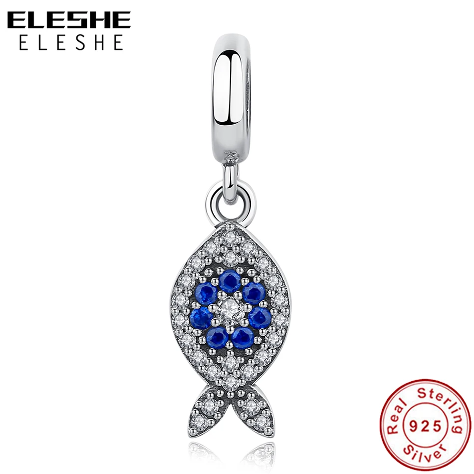 

ELESHE Fit Original Bracelet DIY Jewelry Real 925 Sterling Silver Charm Bead Blue Crystal Lucky Fish Dangle Charm Christmas Gift