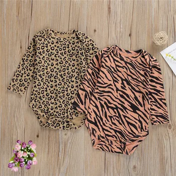 

0-24M Baby Rompers Long-Sleeved Jumpsuits For Newborn Boys Girls Casual Round Neck Leopard/Zebra Pattern Triangle Wrapped Romper