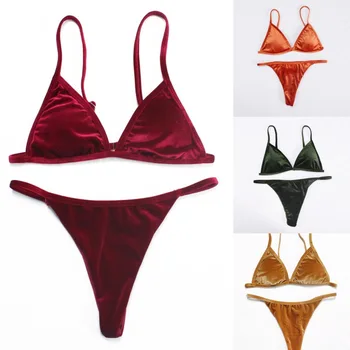 

New Gold Velvet Double Sided Bra Set Thong High Quality Solid Color Underwear Set Women Wire Free Bra Set Sexy Bra Intimates