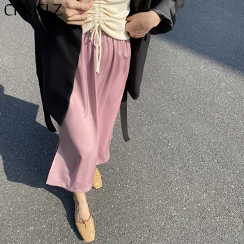 

CRRIFLZ 2020 New Summer Solid Split Skirt Women High Waist Medium Long A Line Skirt