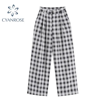 

Straight vintage plaid pant 2020 Autumn Korean Style Casual Loose high waist wide leg Unisex BF Teenager Streetwear Pants Women