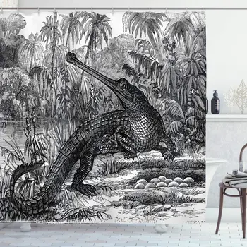 

Vintage Shower Curtain Old Fashion Sketch of a Crocodile in Forest Wildlife Nature Woods Fossil Picture Bathroom Decor Set