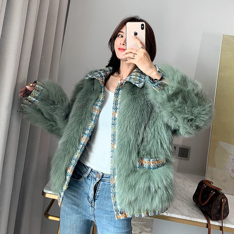 rf2041 Turn Down Collar New Arrival Woman's Real Fox Fur Jacket Fashion Natural Fur Coat for Ladies - Цвет: Зеленый