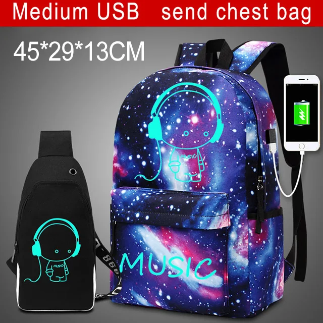 3 шт. модные светящиеся школьные сумки, рюкзак для мальчиков и девочек, звездное небо, детский школьный рюкзак для школьников, рюкзаки для ноутбука с usb зарядкой - Цвет: M USB C.