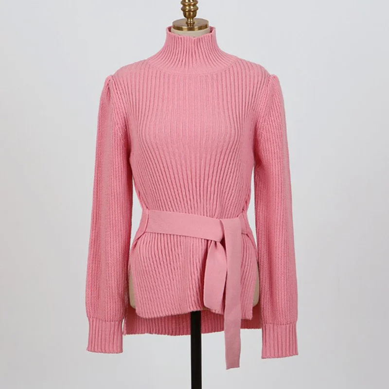 Зимние вязанные женские свитера с высоким воротом и длинным рукавом на шнуровке, плотные женские пуловеры, корейский теплый повседневный женский свитер - Цвет: Розовый