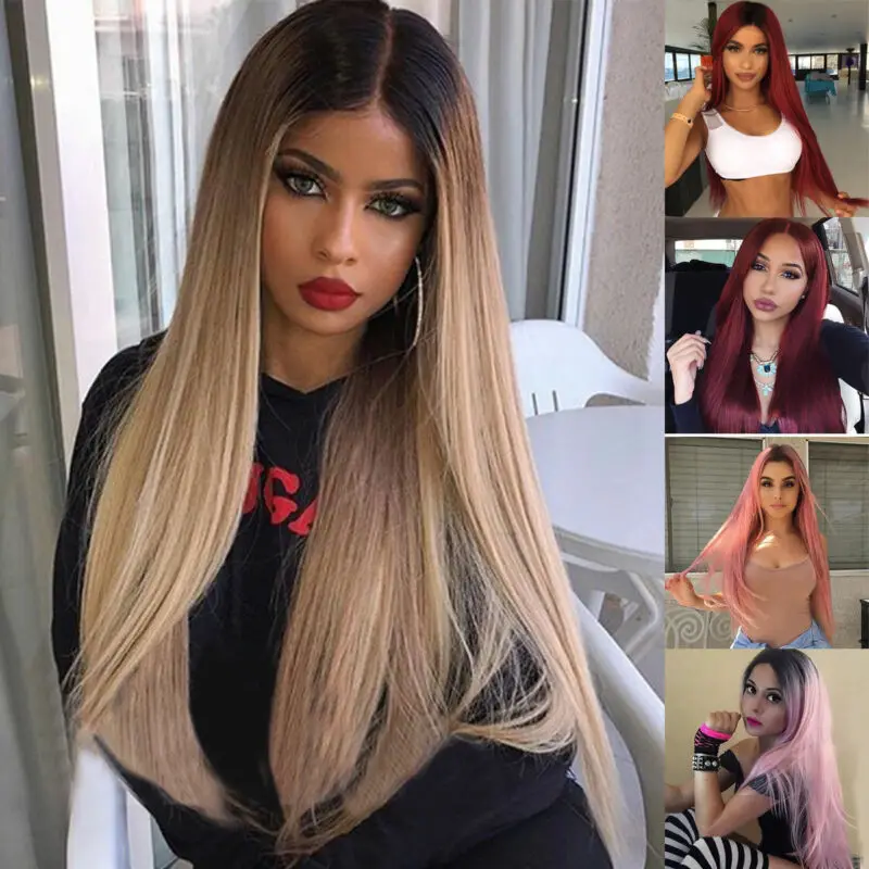 

Women Flexible and Easy to Wash Care Ombre Blonde Linen Long Straight Hair Wigs Synthetic Natural Party Wig
