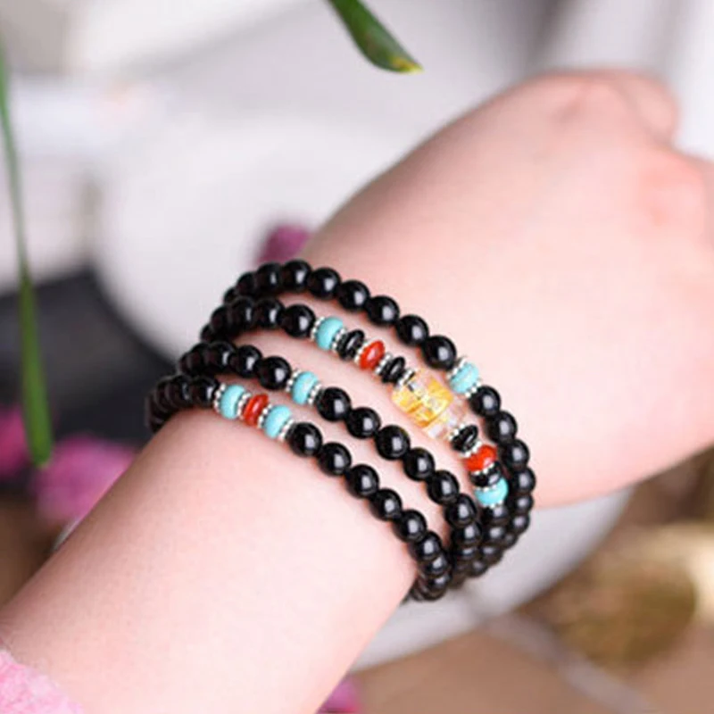 Couple Bracelets Vintage Glass Stone 4 Multi-layer Strands Woven Handmade Wrap with Buddhist Scriptures Pattern | Украшения и