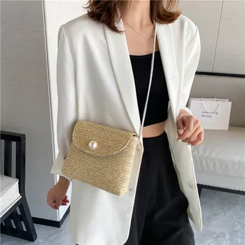

2020 New Summer Straw Shoulder Bag For Women Fashion Woven Shoulder Messenger Bags Female Mini Pearl Square Cross Body Bag