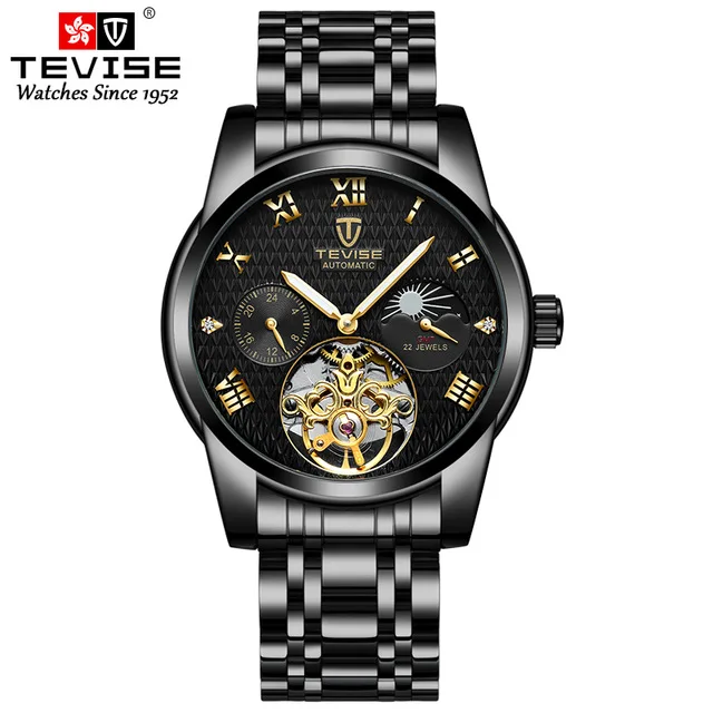 Moon Phase Tourbillon Мужские часы люксовый бренд Мужские Военные Спортивные часы из нержавеющей стали автоматические механические часы erkek saat - Цвет: Black