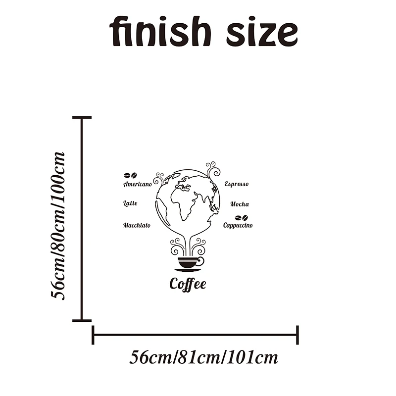 Large Coffee Beans Cups Cafe Earth Globe Wall Stickers Kitchen Restaurant Coffee World Map Globe Wall Decal Dinning Room Vinyl  (1)