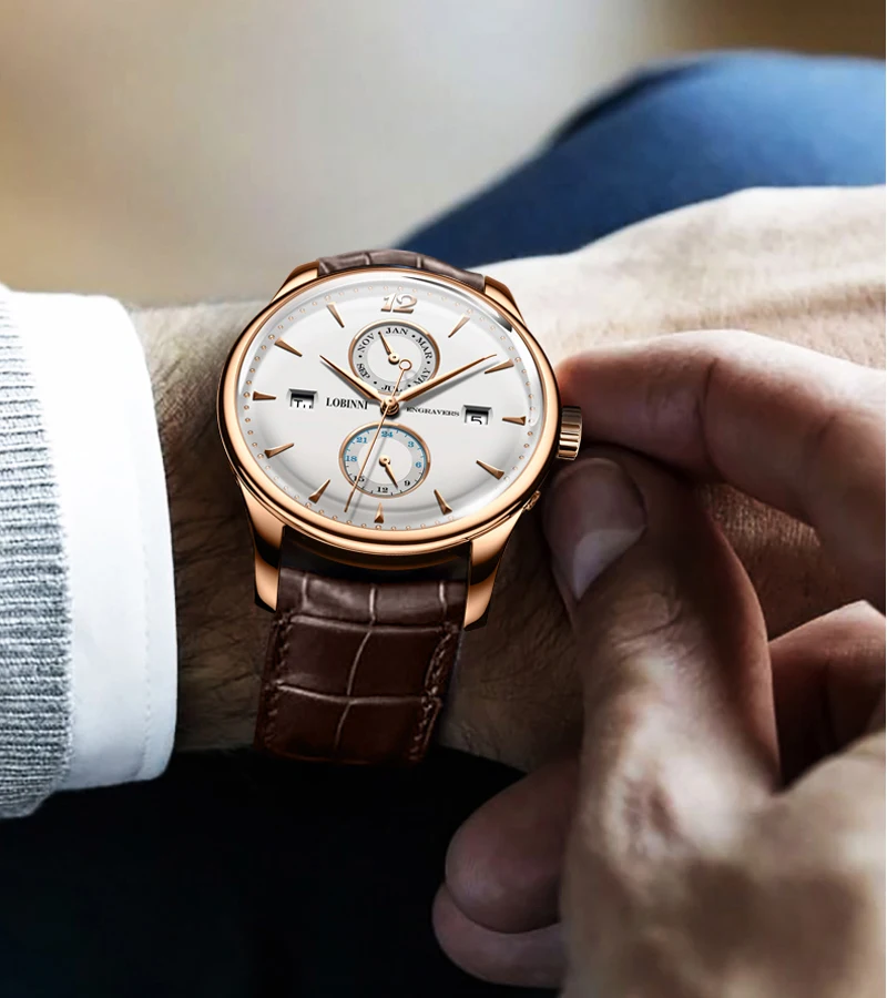 Роскошные брендовые LOBINNI механические часы с автоматическим подзаводом мужские часы со скелетом Кожа 50 м водонепроницаемый календарь даты 24 часа horloges man