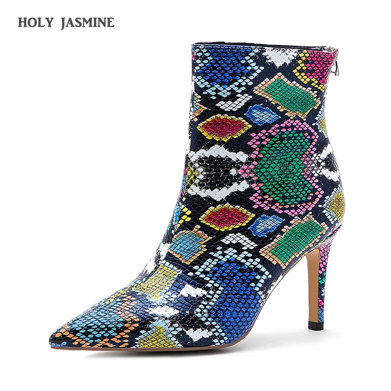 

2019 New Women Sexy High Heels Boots Fetish Pointed Toe Boots Serpentine Zip Ankle Boots Prom Autumn Snake Print Stripper Shoes