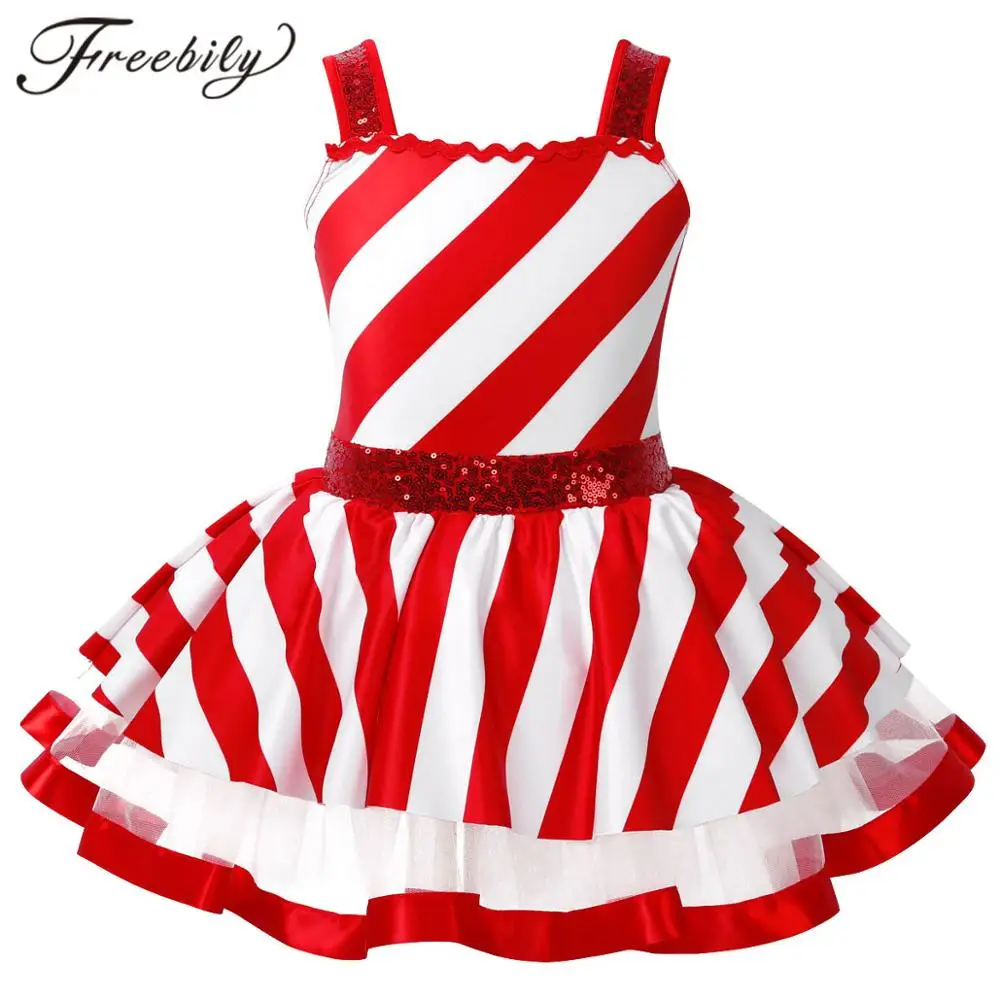 Kids Girls Christmas Costume Sleeveless Shiny Sequins Striped Dancewear Dancing Ballet Leotard Figure Ice Roller Skating Dress
