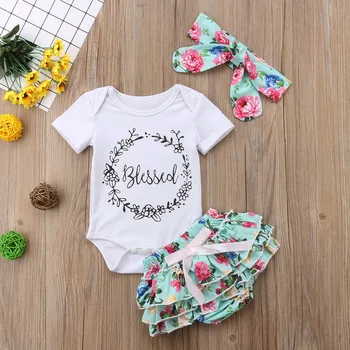 

Blessed Print Short sleeve Bodysuit + Ruffled Shorts with Headband 3pcs Set For Baby Girl